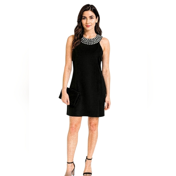 60s black mini dress Structured Little Black Dress with Pockets | High Neck A-Line Mini Dress |  60s Mod Style Cocktail Dress main image 0